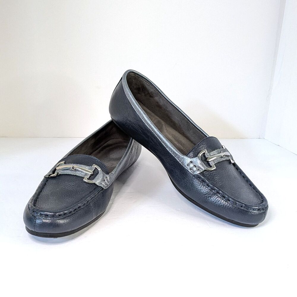 Aerosoles Womens 10 Leather Drive Along Driving Shoes Navy Silver Slip-On Flats